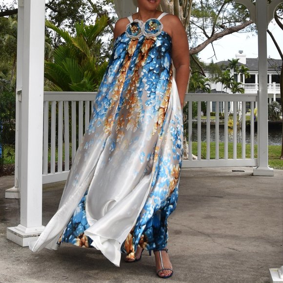 Designer Maxi Dress Floral Blue Gold Luxury Resortwear Rose Pin - Picture 6 of 17